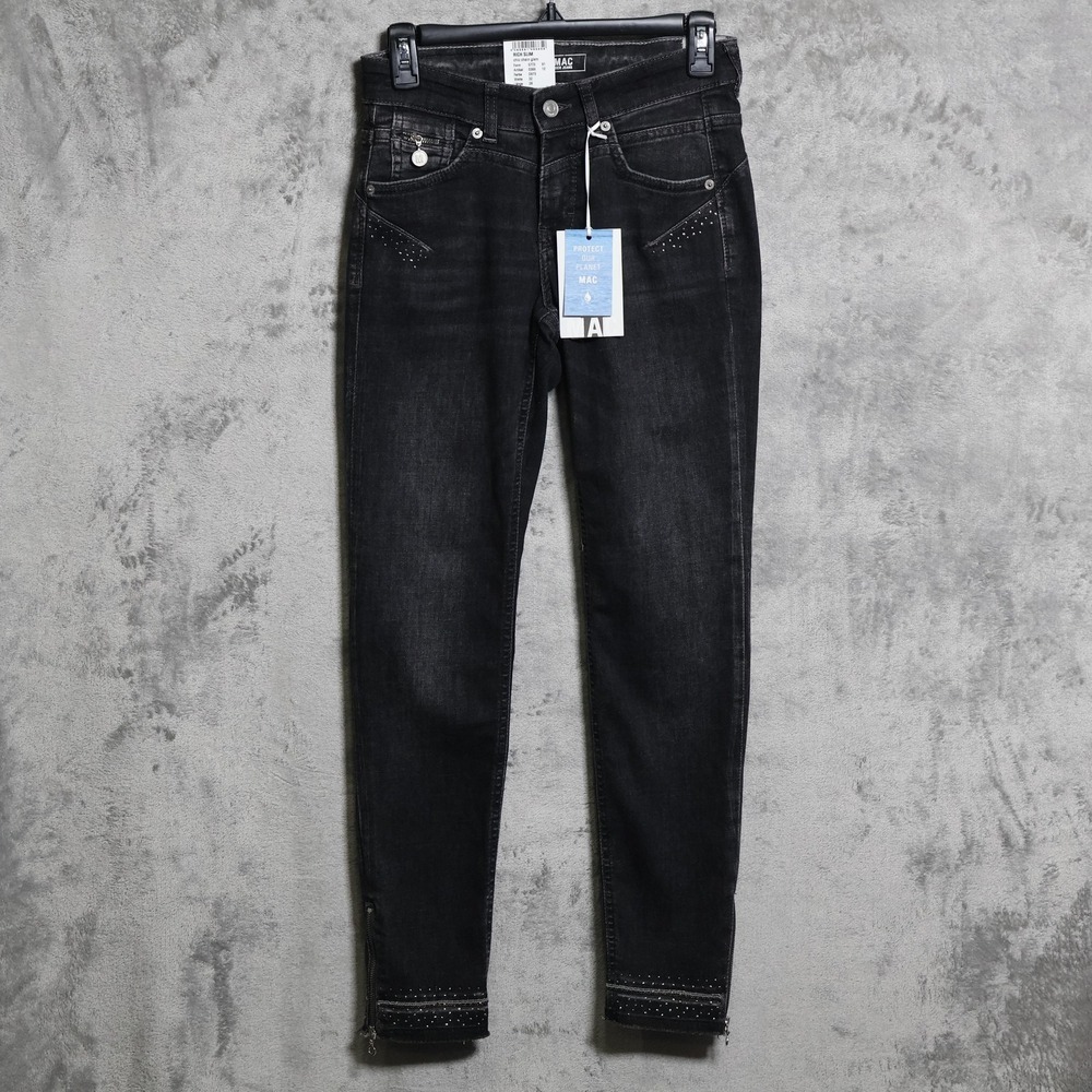 MAC Jeans Women 27x28 Black Rich Slim Chic Chain Glam Studded Embellished Casual